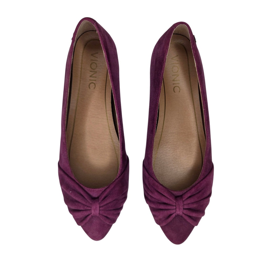 LIKE NEW Vionic Gramercy Plum Purple Suede Pointed Toe Bow Ballet Flats Womens 5 - Picture 1 of 7